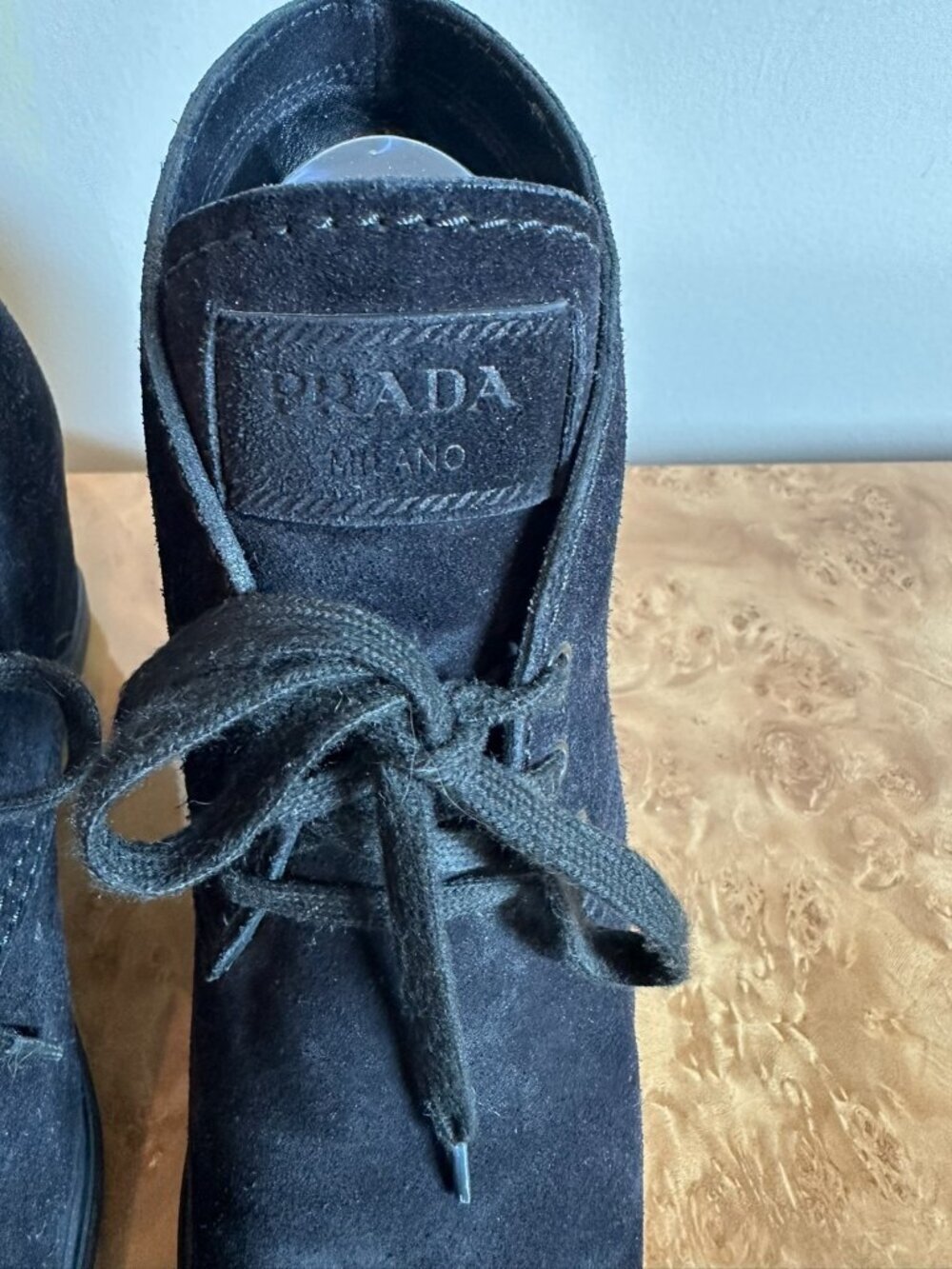 Prada Black Suede Chukka Ankle Boots Women's Size 40 Lace-Up Wedge Heel - Picture 3 of 11